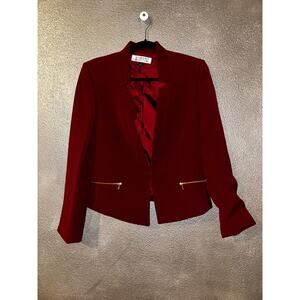 Tahari Preppy Academia Red  Notched Lapel Zipper Pockets  Textured  Blazer